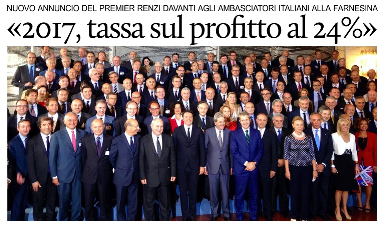 Renzi agli ambasciatori italiani: Nel 2017, tasse sul profitto al 24%.