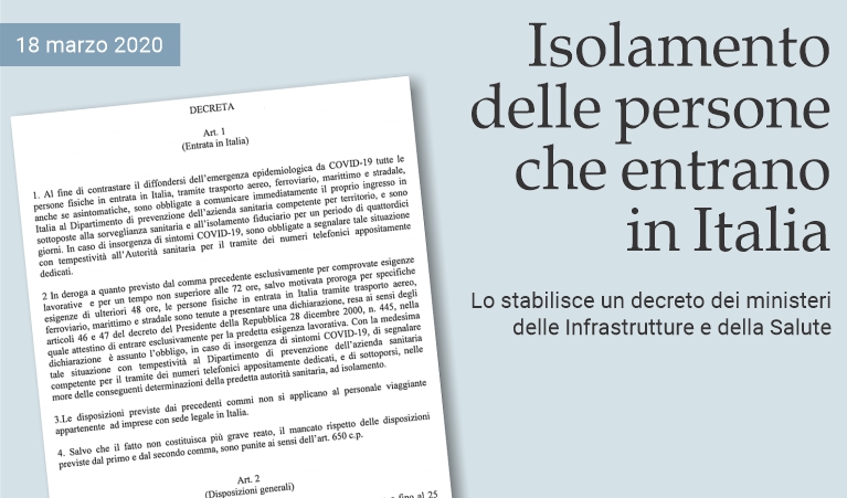Isolamento delle persone che entrano in Italia